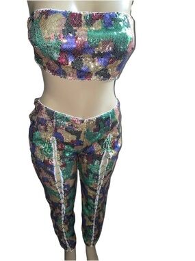 Sequin Lace-Up Crop Top & Pants Set - Multicolor